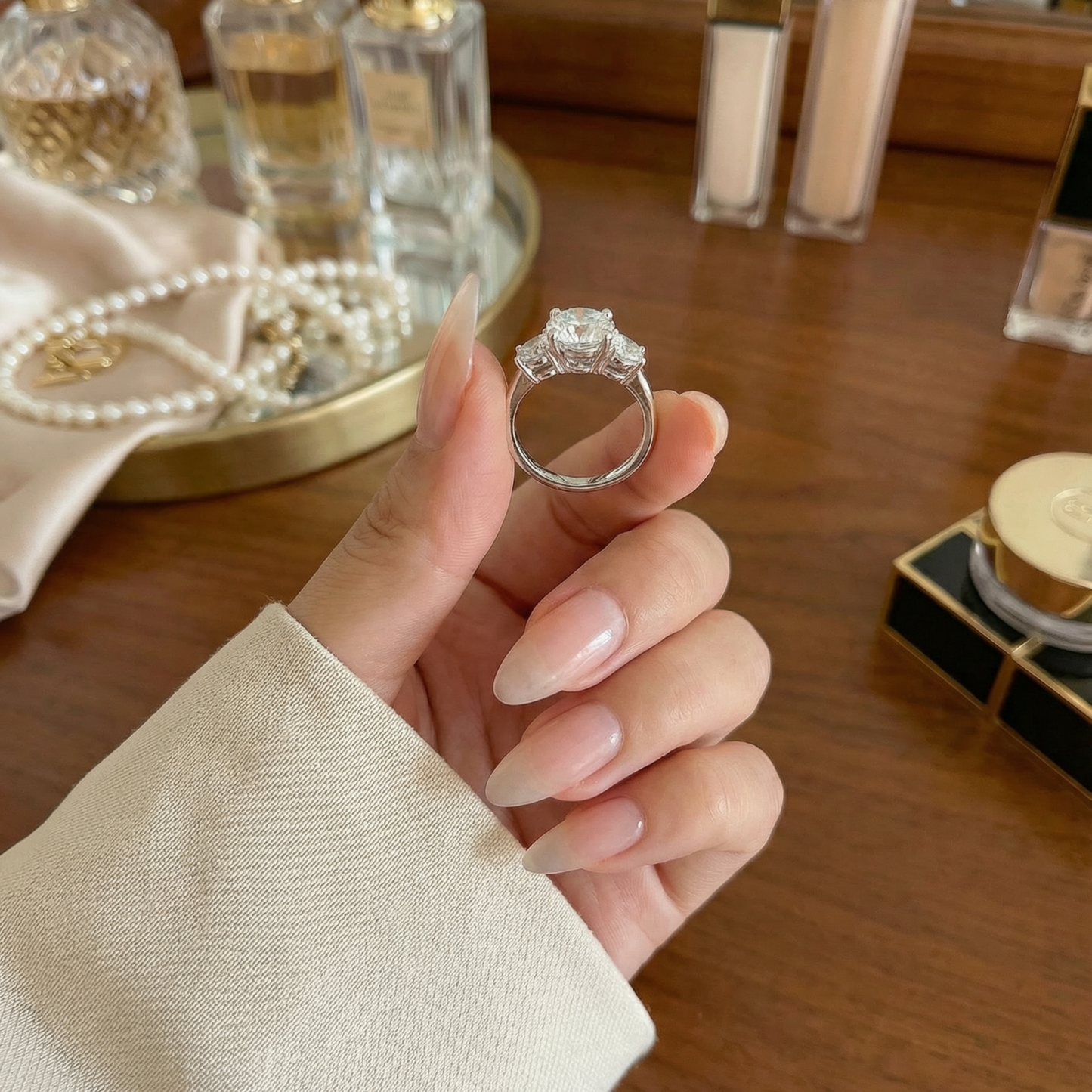 affordable silver trinity round cut engagement ring