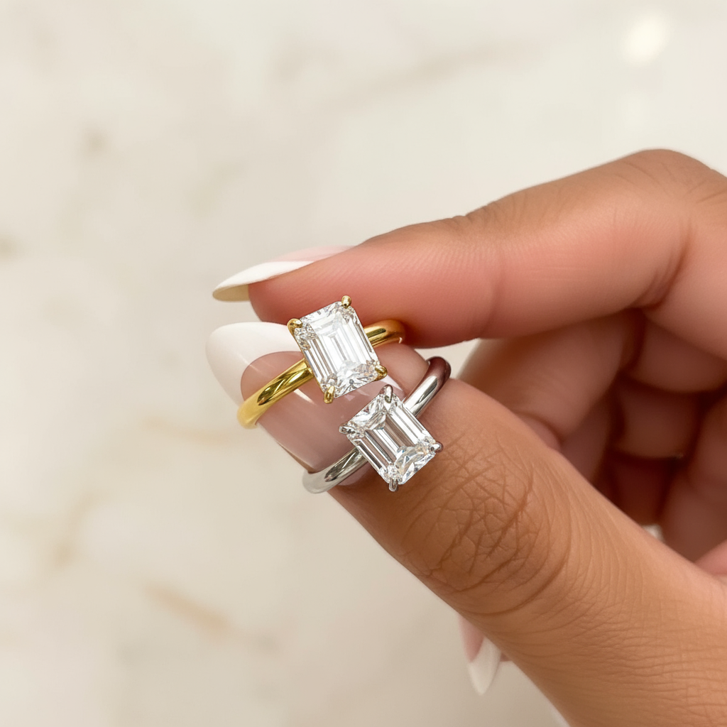 gold emerald cut setting engagement ring