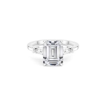 Affordable Silver Three Stone Emerald Cut Engagement Ring