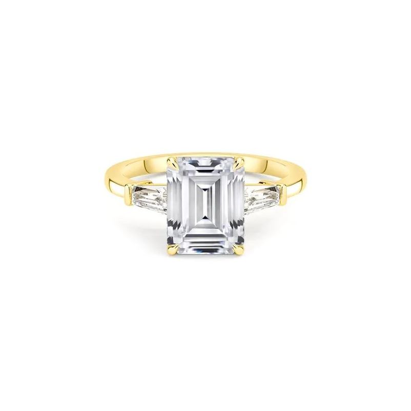 Affordable Gold Three Stone Emerald Cut Engagement Ring