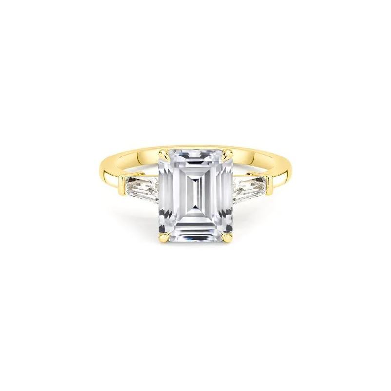 Affordable Gold Three Stone Emerald Cut Engagement Ring