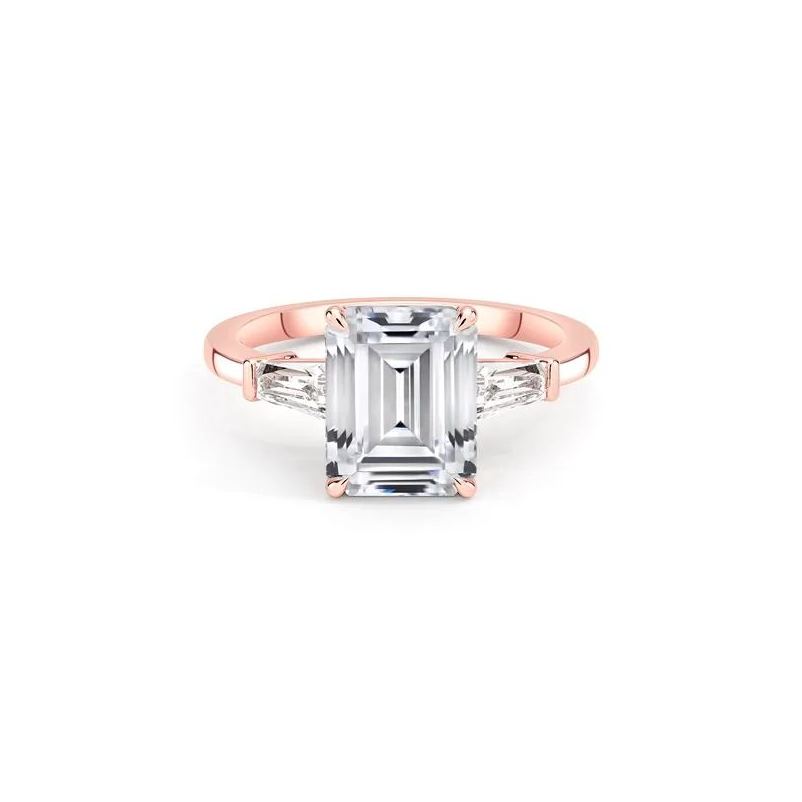 Affordable Rose Gold Three Stone Emerald Cut Engagement Ring