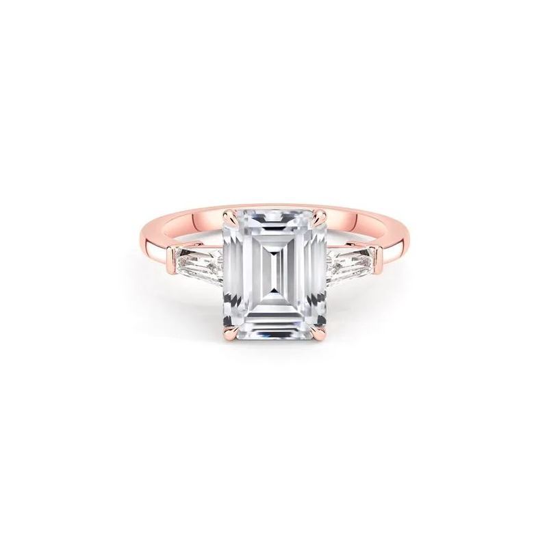 Affordable Rose Gold Three Stone Emerald Cut Engagement Ring