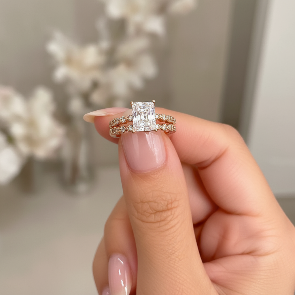 rose gold radiant engagement ring set