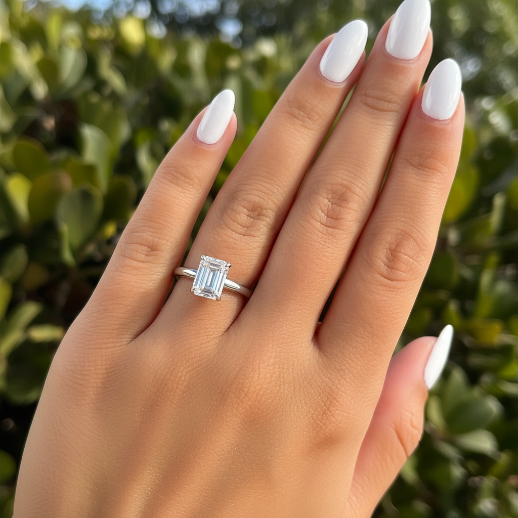 silver emerald cut solitaire engagement ring
