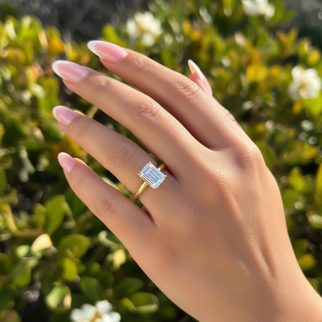 solitaire emerald cut gold engagement ring
