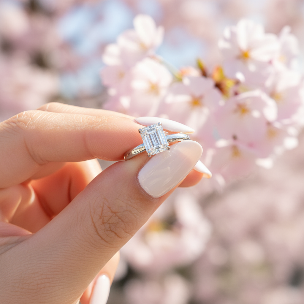 solitaire emerald cut silver engagement ring