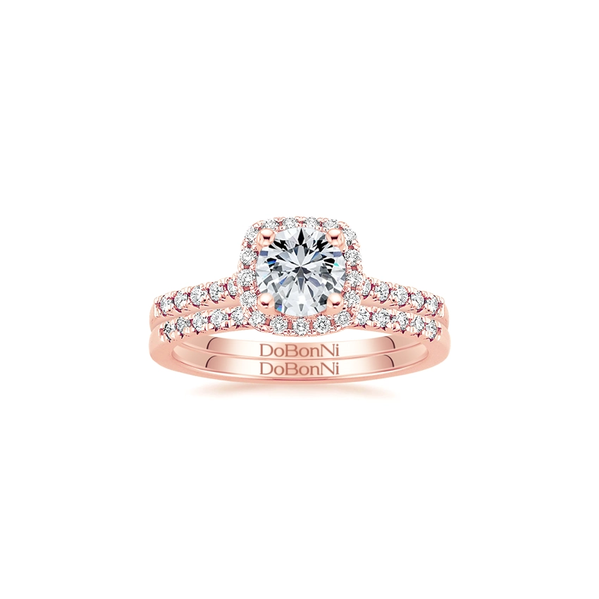 stunning rose gold round cut halo wedding set-DoBonNi Gloria Ring Set - Rose Gold