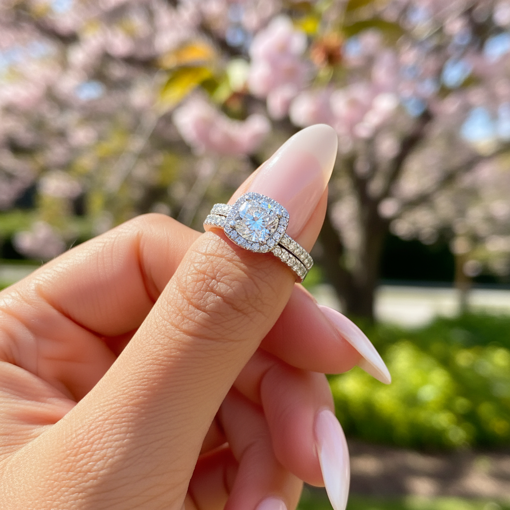 stunning silver round cut halo wedding set