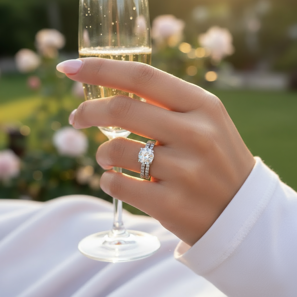 stunning starlight silver round cut engagement ring set