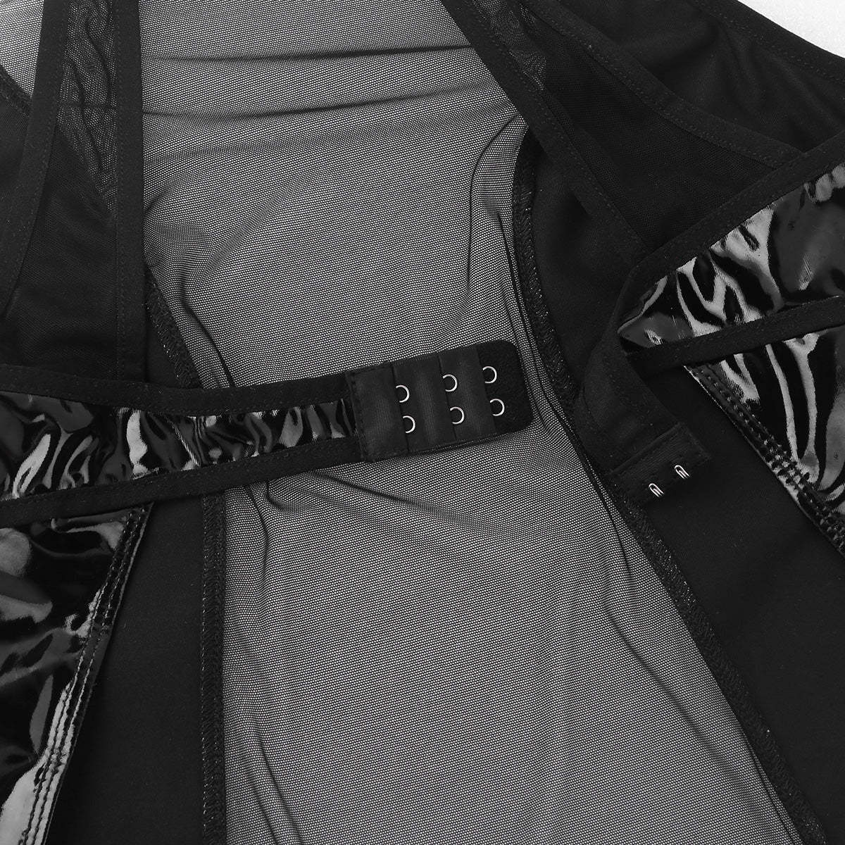 Women's One-Piece Wet Look Faux Leather Lingerie / Mesh Splice Zipper Crotch Bodysuit - image 8