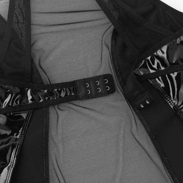 Women's One-Piece Wet Look Faux Leather Lingerie / Mesh Splice Zipper Crotch Bodysuit - image 8