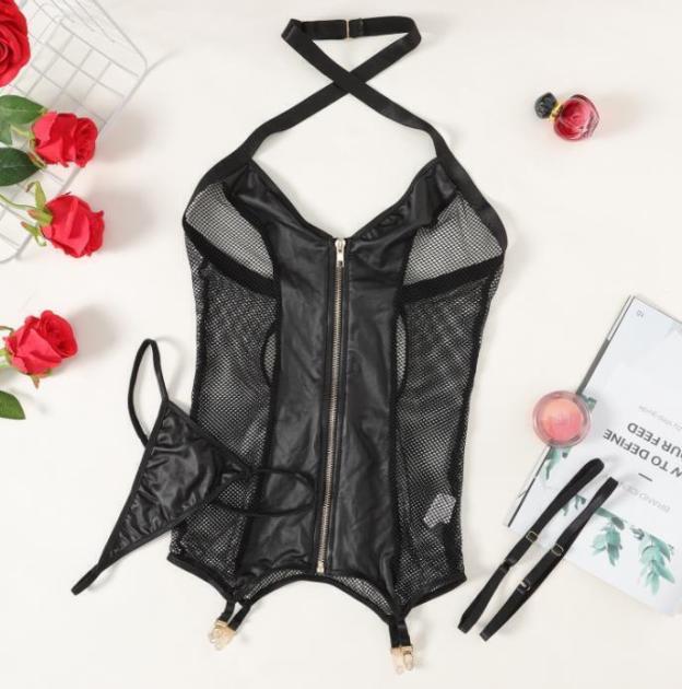 Sensual Floral Lace Lingerie Set - Sheer Backless Babydoll with Strappy Harness