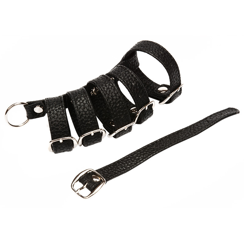 Six-Ring Pu Leather Cock Cage Penis Ring-WeLovePlugs