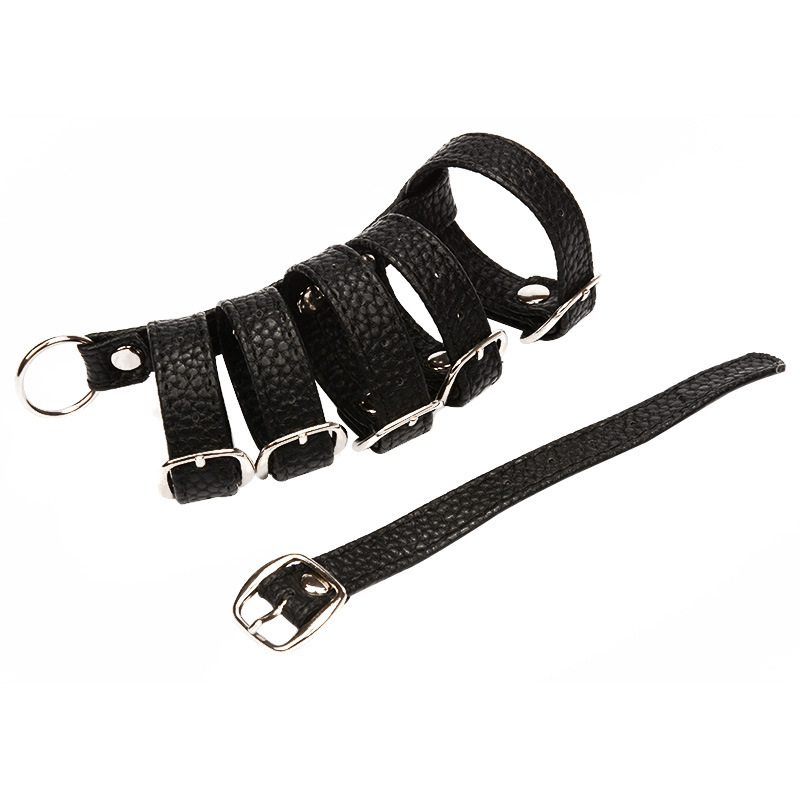 Six-Ring Pu Leather Cock Cage Penis Ring-WeLovePlugs