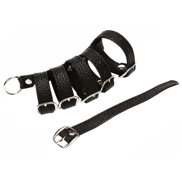 Six-Ring Pu Leather Cock Cage Penis Ring-WeLovePlugs