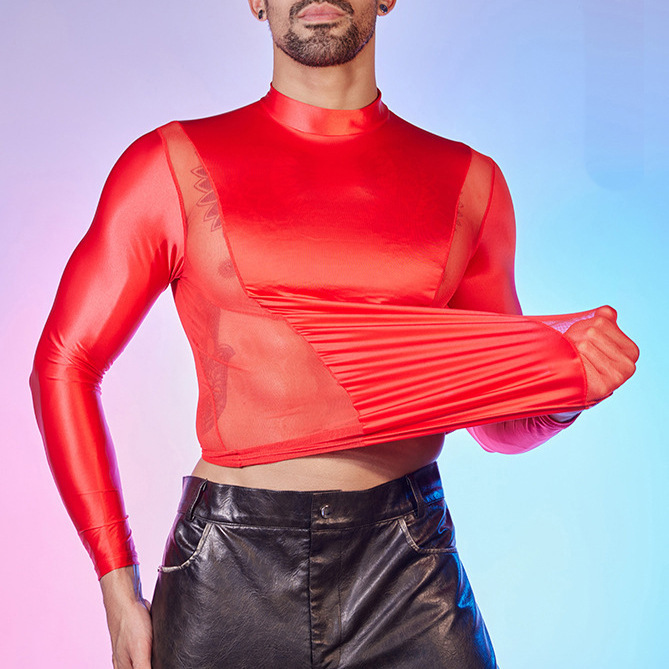 Men's Oiled Shiny High Elastic Long Sleeve Top - Red - XXXL - image 9