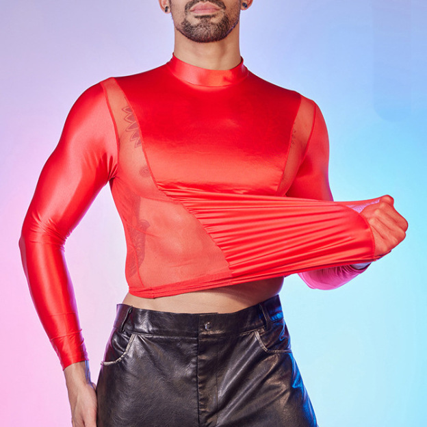 Men's Oiled Shiny High Elastic Long Sleeve Top - Red - XXXL - image 9