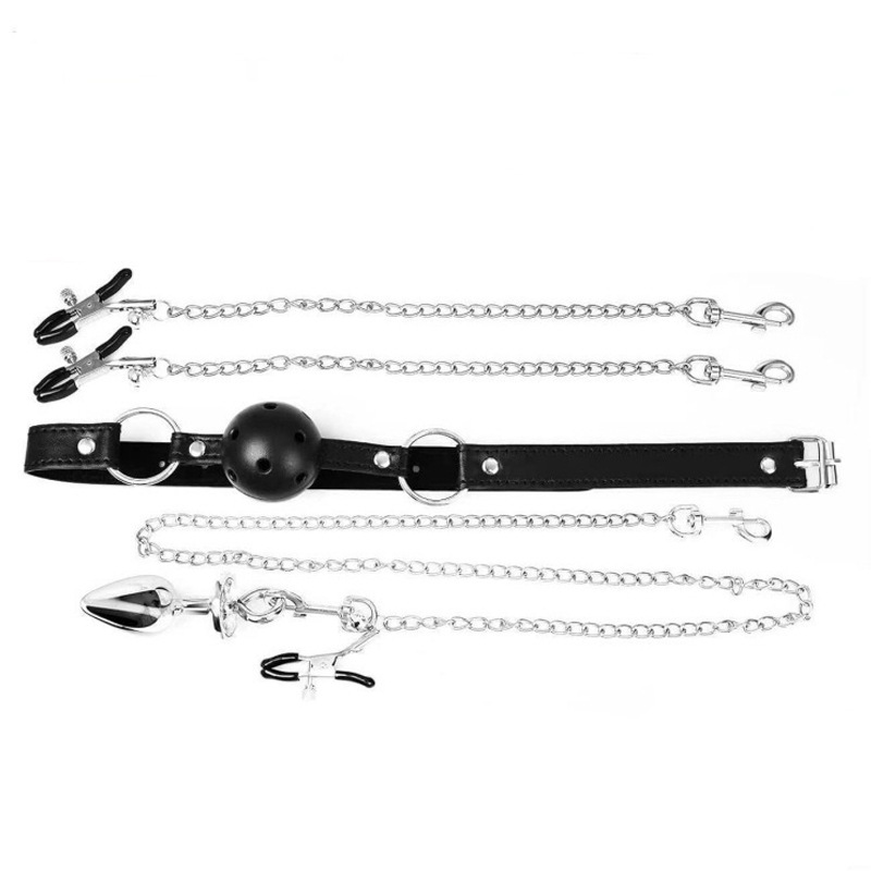 5-Piece BDSM Bondage Set – Ball Mouth Gag, Nipple Clamps & Anal Plug for Couples-WeLovePlugs
