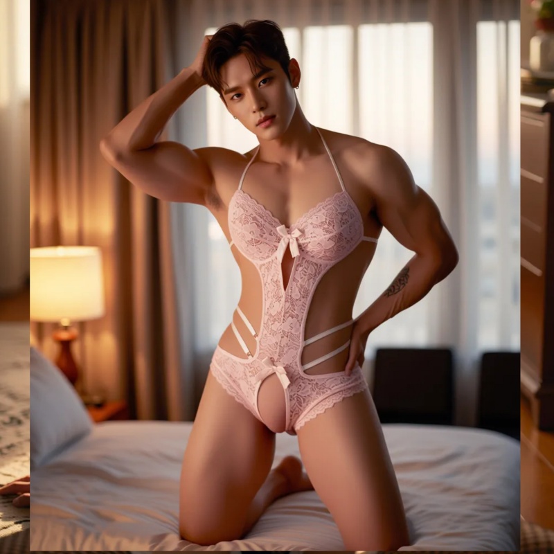 Men's Pink Lace Open-Crotch Bodysuit - image 4