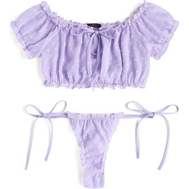 Flirty Off-Shoulder Ruffle Lingerie Set - Sheer Mesh Bra & Tie-Side Panty-WeLovePlugs