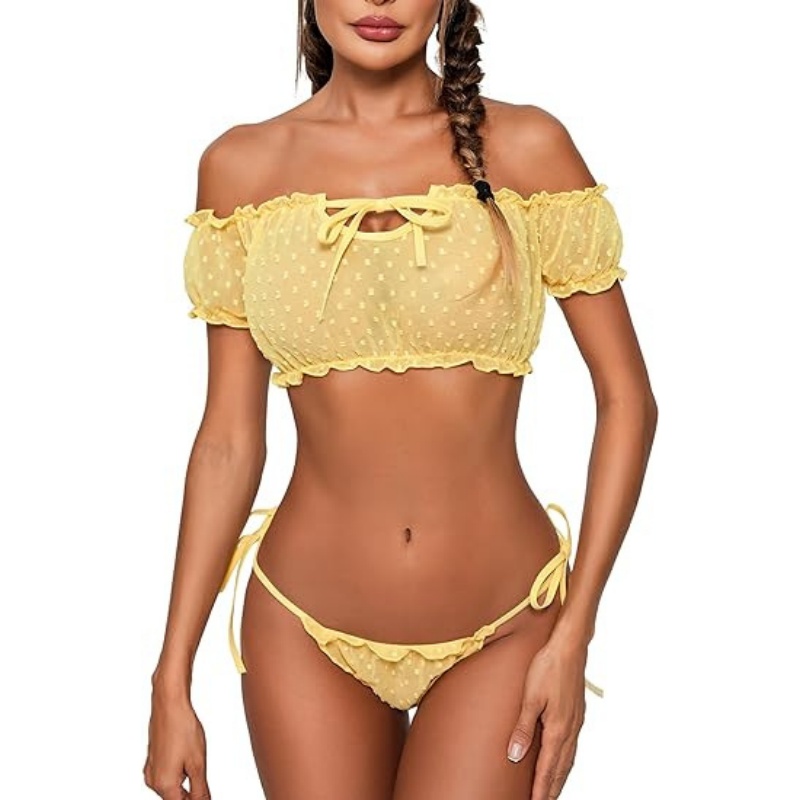 Flirty Off-Shoulder Ruffle Lingerie Set - Sheer Mesh Bra & Tie-Side Panty-WeLovePlugs