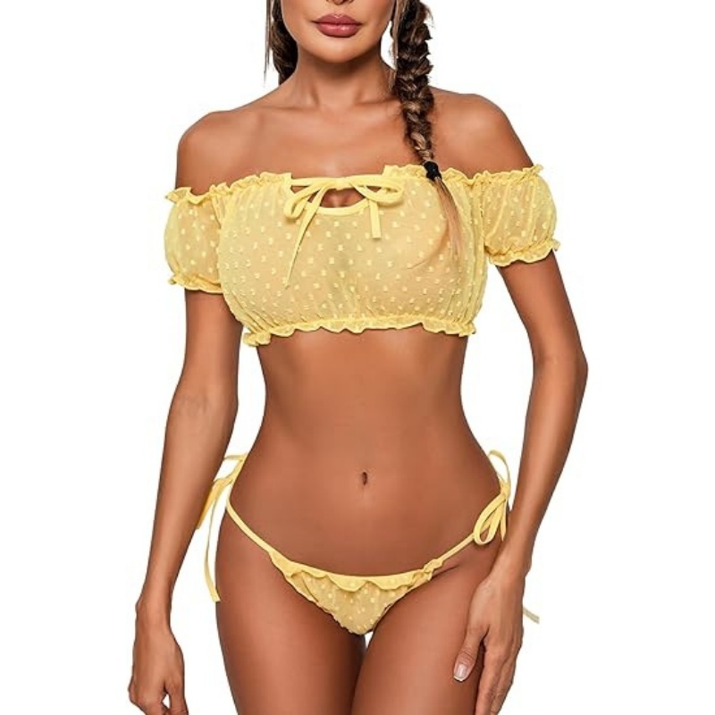 Flirty Off-Shoulder Ruffle Lingerie Set - Sheer Mesh Bra & Tie-Side Panty-WeLovePlugs