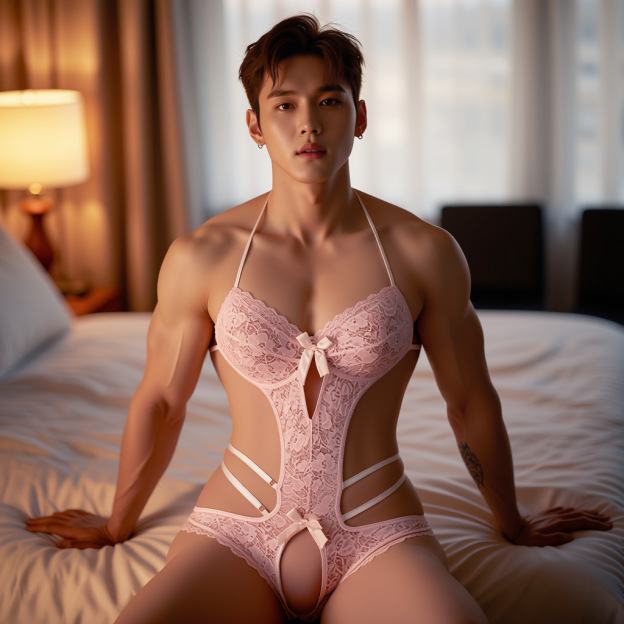Men's Pink Lace Open-Crotch Bodysuit - image 3