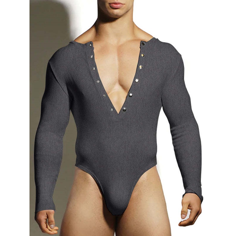 Deep V-Neck Long Sleeved Bodysuit - Grey - XXXL - image 4