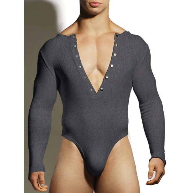 Deep V-Neck Long Sleeved Bodysuit - Grey - XXXL - image 4