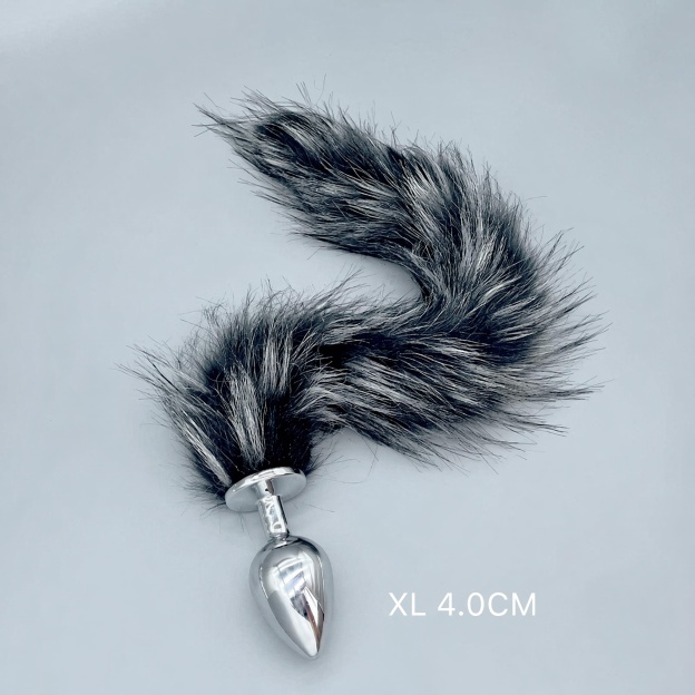 Silver & Black Fox Tail Plug with Removable Metal Base - XL - image 3