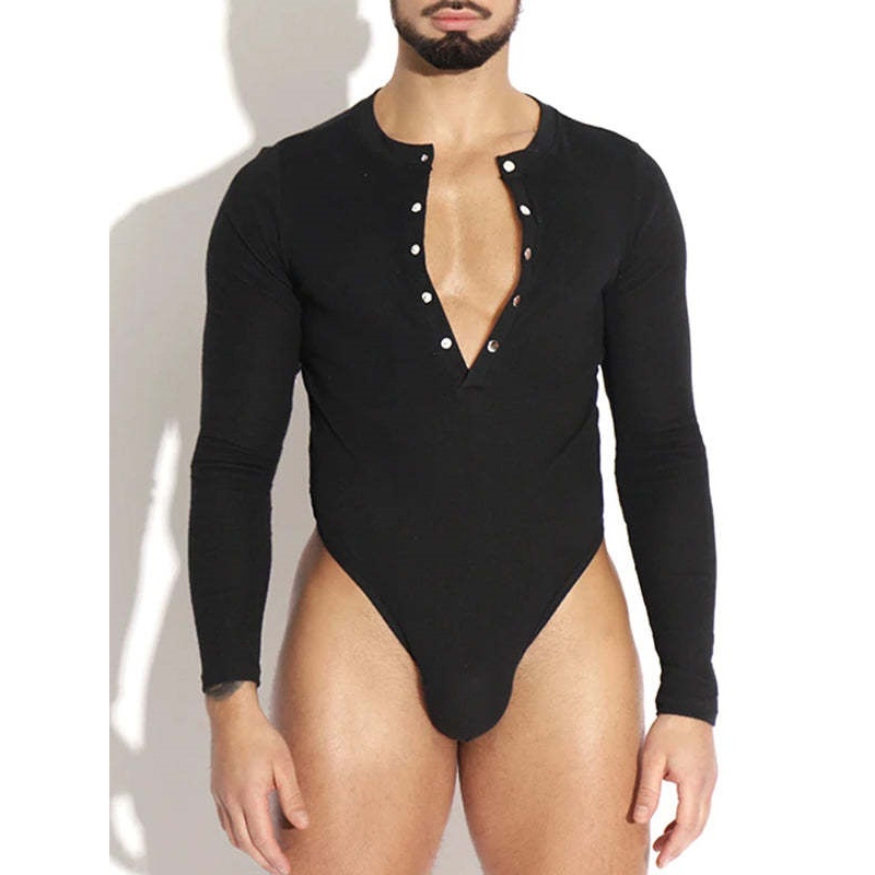 Deep V-Neck Long Sleeved Bodysuit - Black - XXXL - image 1