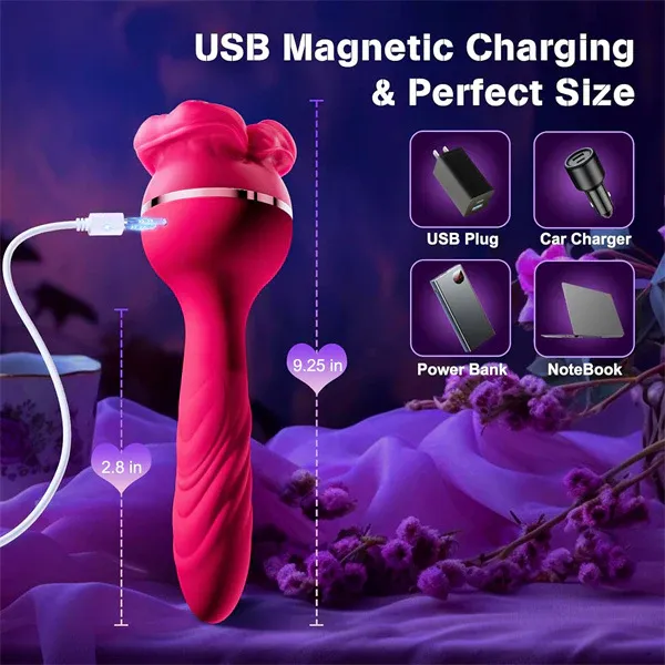 3-in-1 Big Mouth Likcing Vibrating Rose Dildo-WeLovePlugs