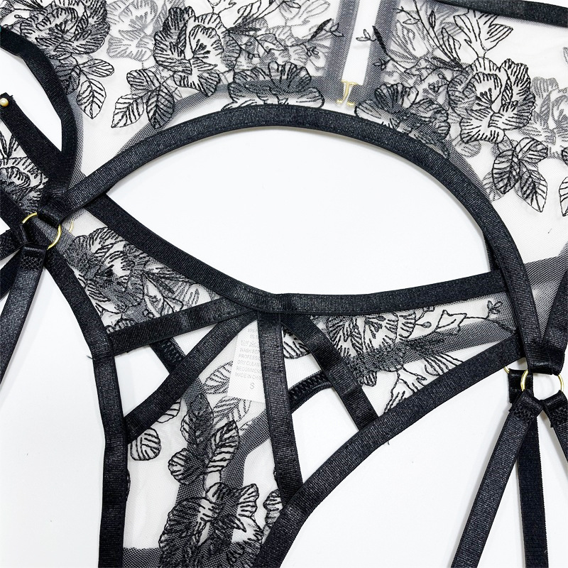 Strappy Transparent Floral Bra Thong Garter Lingerie Set-WeLovePlugs