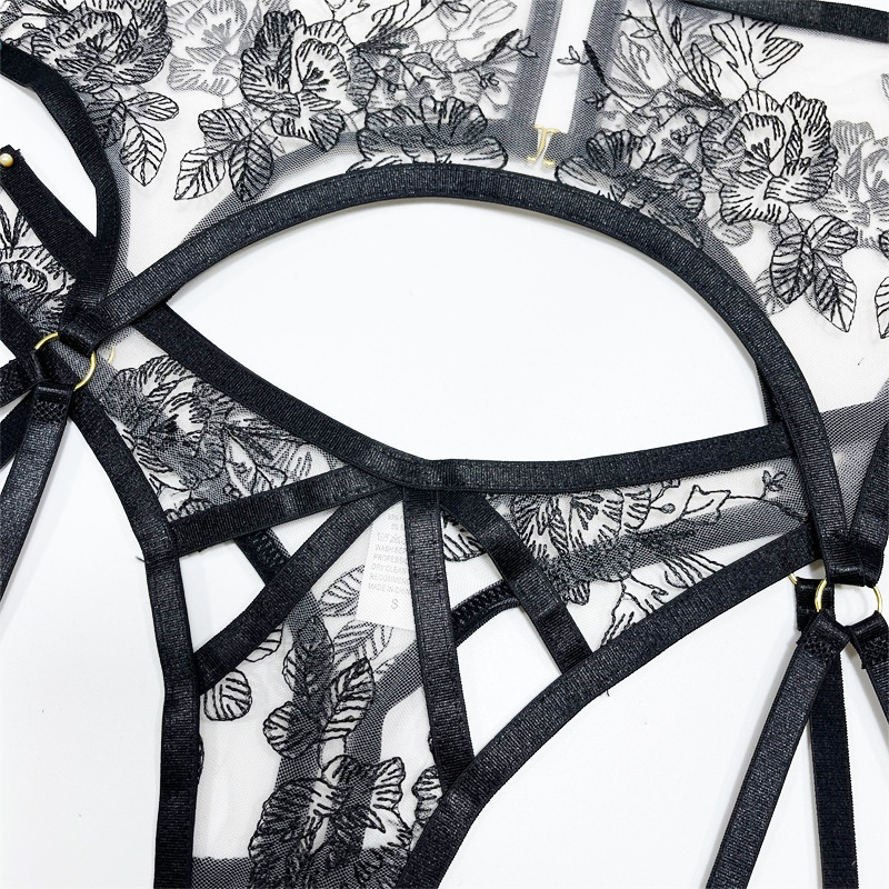 Strappy Transparent Floral Bra Thong Garter Lingerie Set-WeLovePlugs