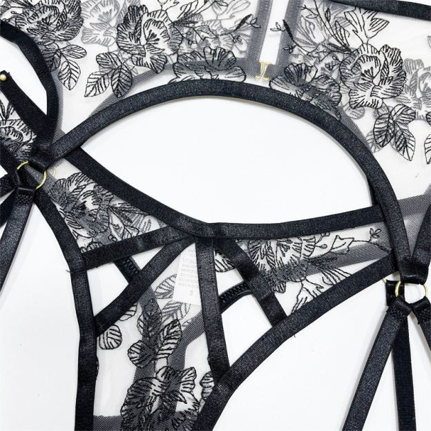 Strappy Transparent Floral Bra Thong Garter Lingerie Set-WeLovePlugs
