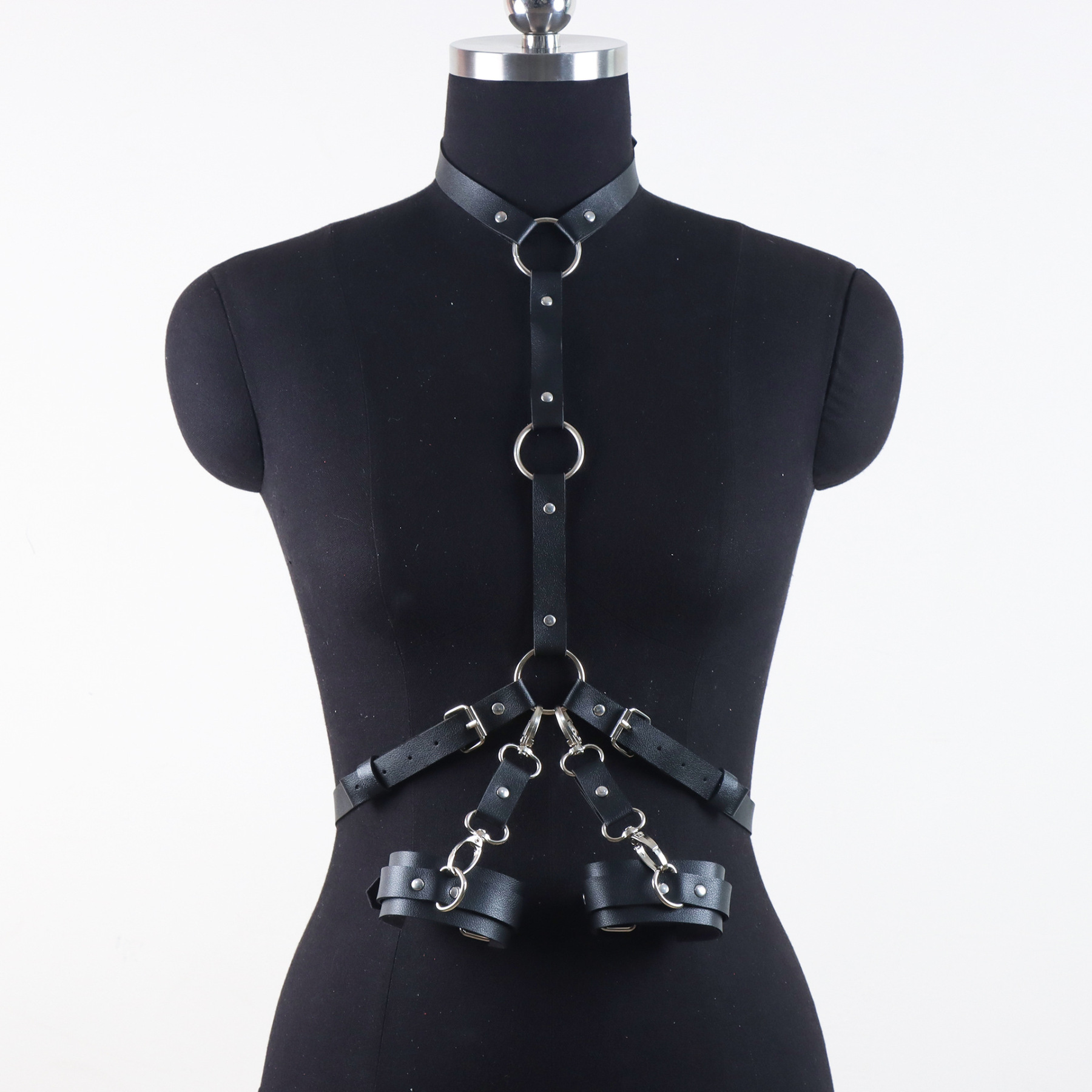 BDSM Leather Handcuffs with Waist Lingerie Harness
