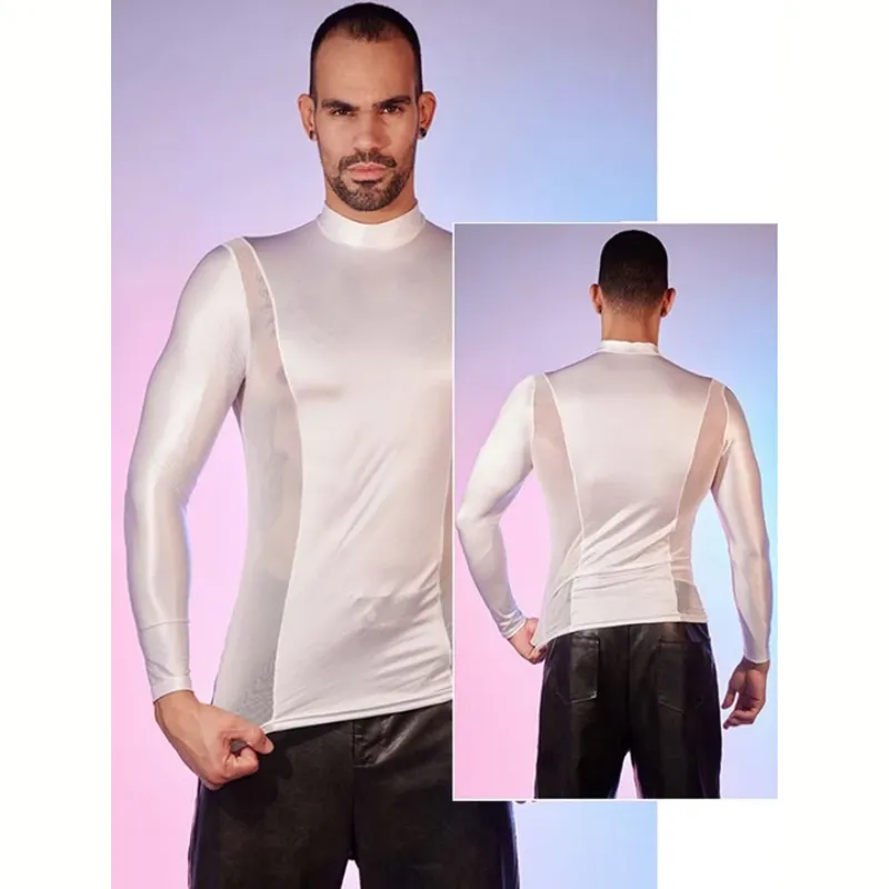 Men's Oiled Shiny High Elastic Long Sleeve Top - image 8