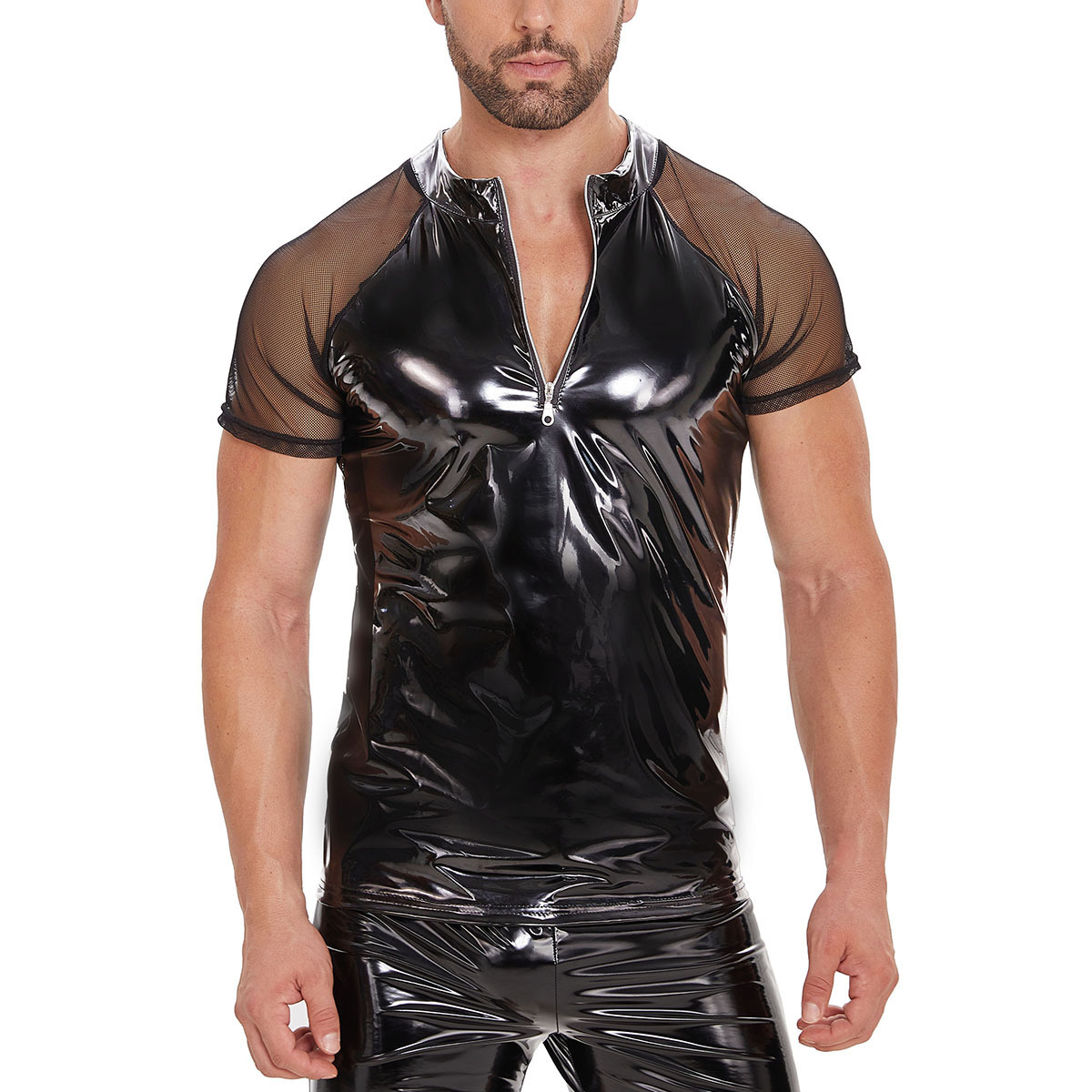 Men's Wet-look Shiny Leather T-shirt - Black - 5XL - image 3