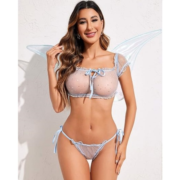 Flirty Off-Shoulder Ruffle Lingerie Set - Sheer Mesh Bra & Tie-Side Panty-WeLovePlugs