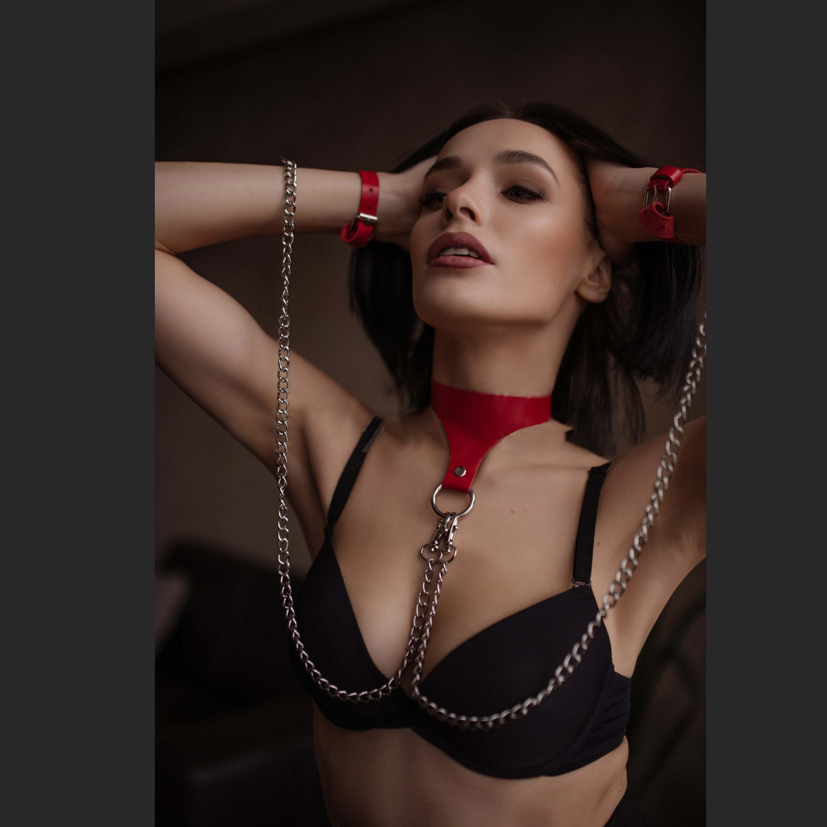 BDSM Wrist Restraint Hand Cuffs with Collar Lingerie Harness