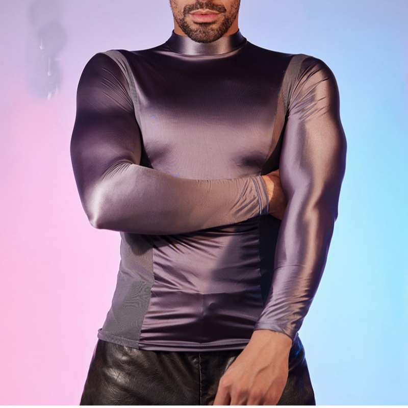Men's Oiled Shiny High Elastic Long Sleeve Top - Dark Grey - XXXL - image 3