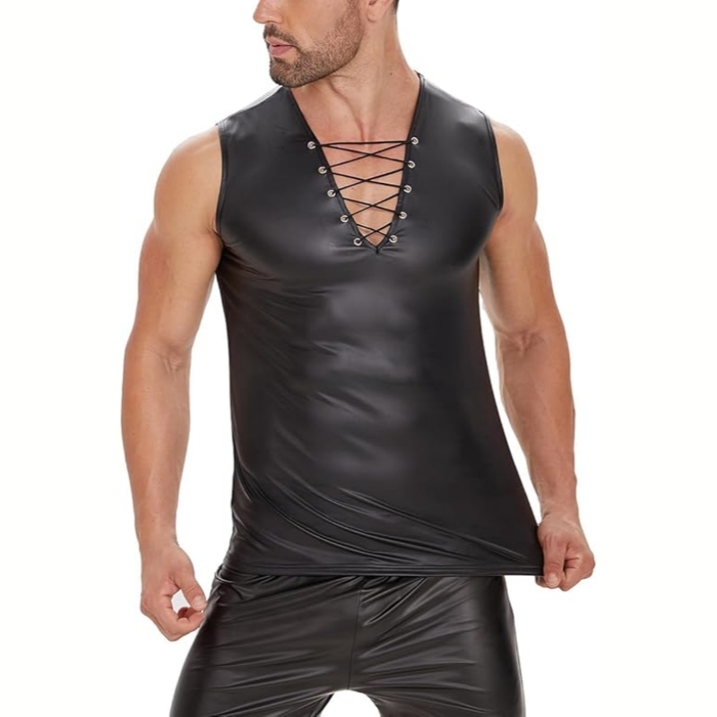 Men Sexy Leather Tank Top - Black - 7XL - image 1