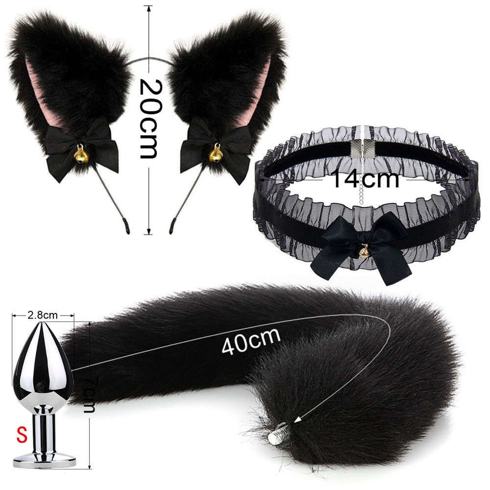 Metal Fox Tail Anal Plug Set With Lace Choker & Cat Ears - Black - image 2