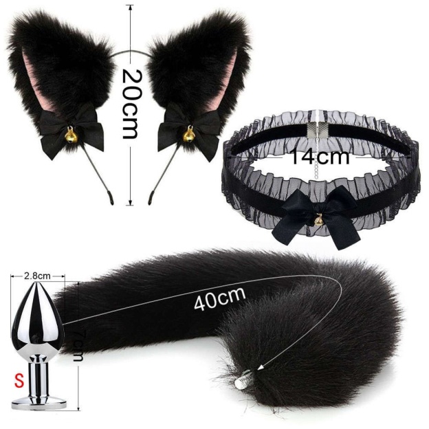 Metal Fox Tail Anal Plug Set With Lace Choker & Cat Ears - Black - image 2