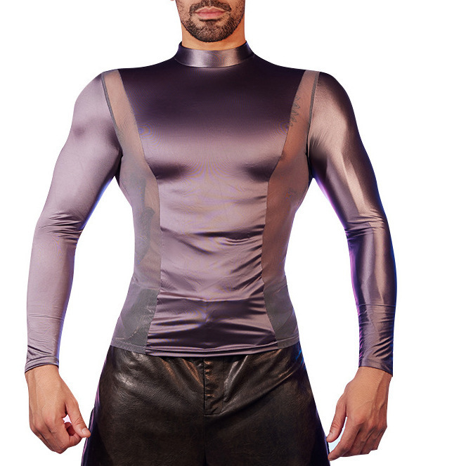 Men's Oiled Shiny High Elastic Long Sleeve Top - image 2