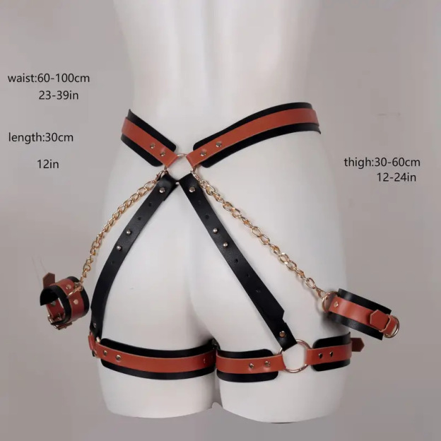 BDSM Leather Handcuffs with Leg Cuffs Lingerie Harness-WeLovePlugs