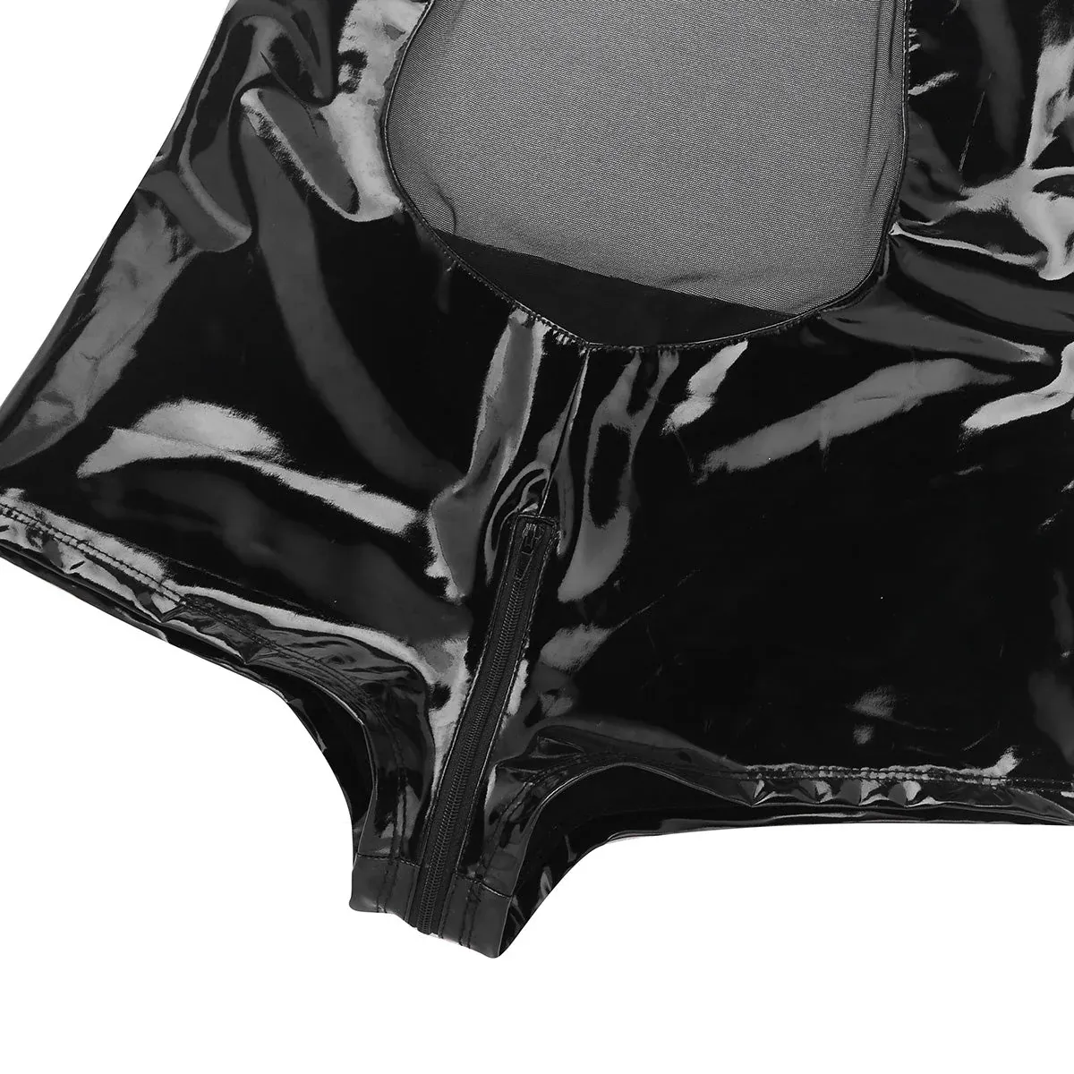 Women's One-Piece Wet Look Faux Leather Lingerie / Mesh Splice Zipper Crotch Bodysuit - image 7