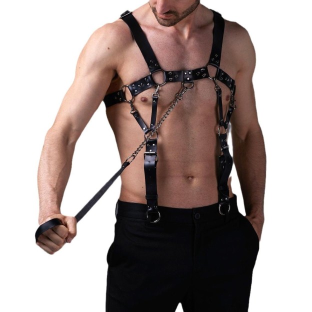 Men's Leather Body Harness Set with Suspenders & Leash BDSM Chest Harness for Roleplay-WeLovePlugs