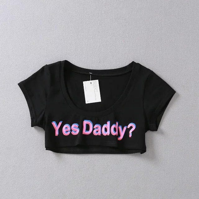"Yes Daddy" Letter Print Fitness Crop Top - Black - One Size - image 4